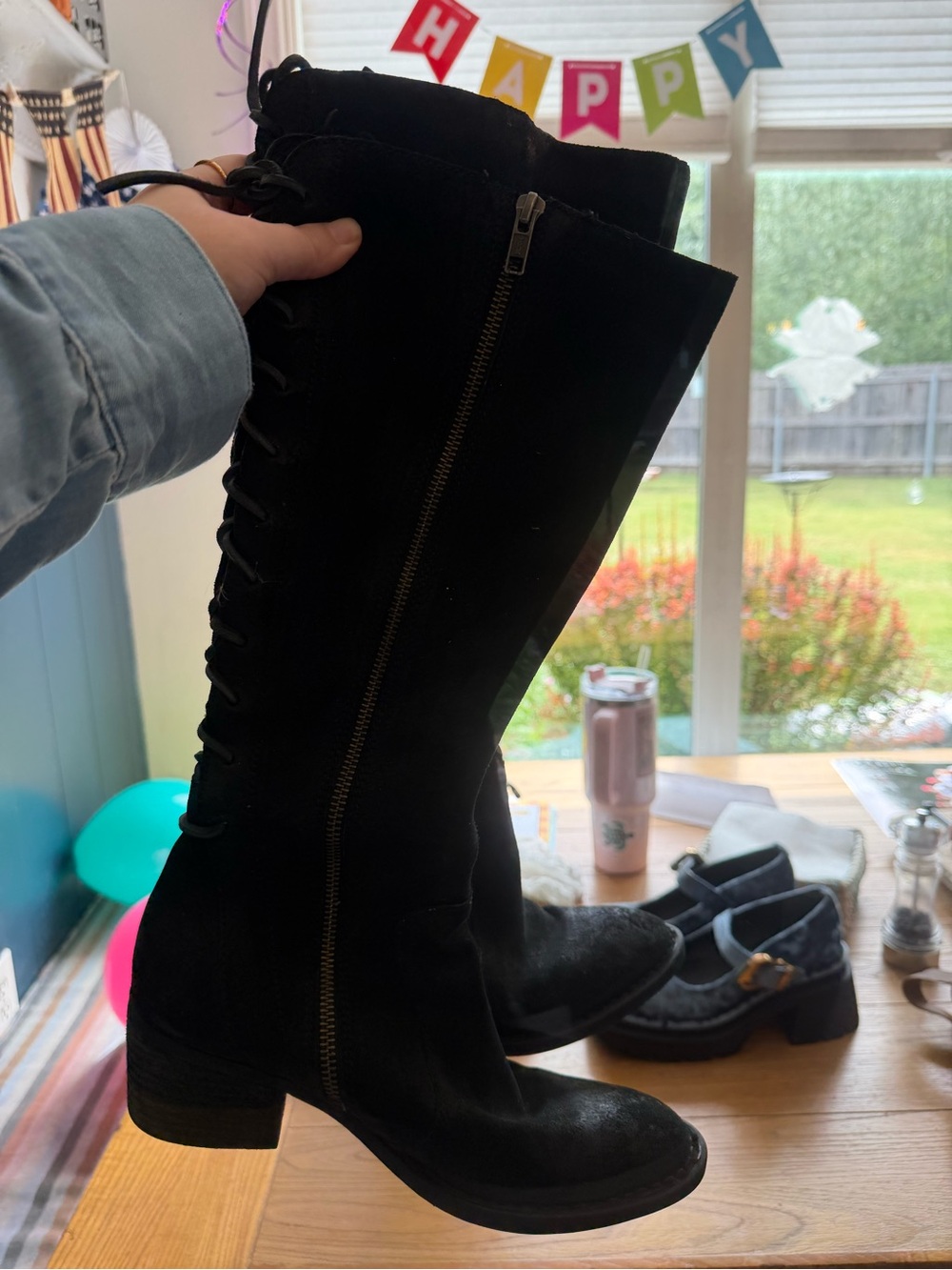 Born Black Knee-High Lace-Up Boots with Side Zip